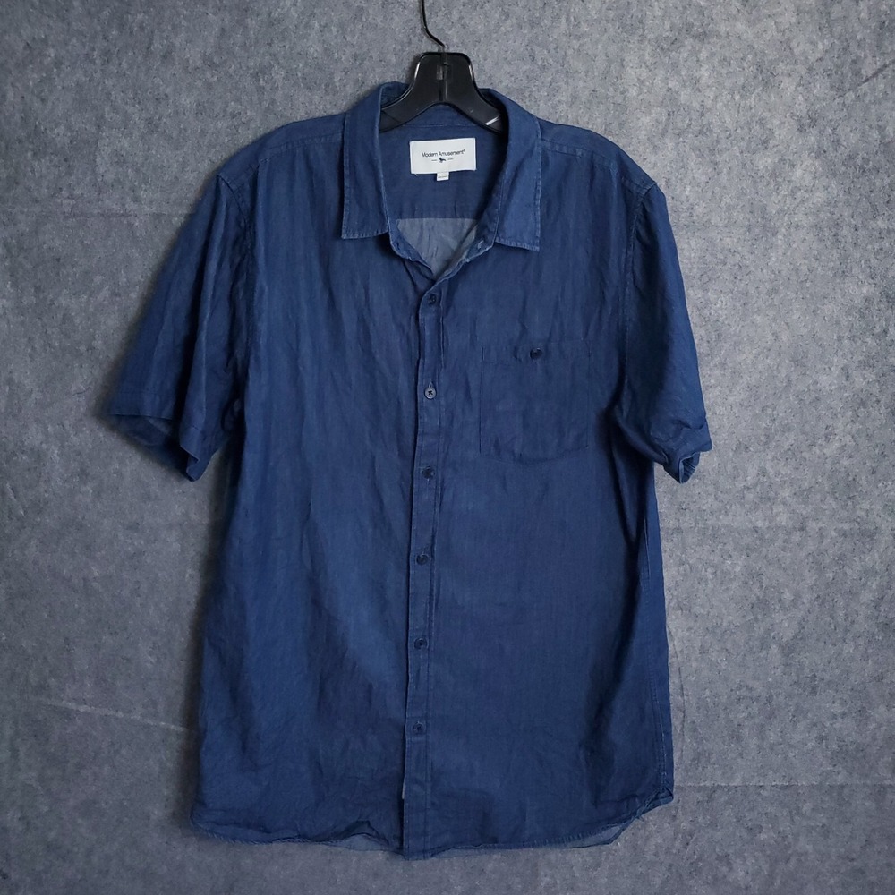 Modern Amusement Button Up Shirt Men's Large Blue Front Pocket Short Sleeve